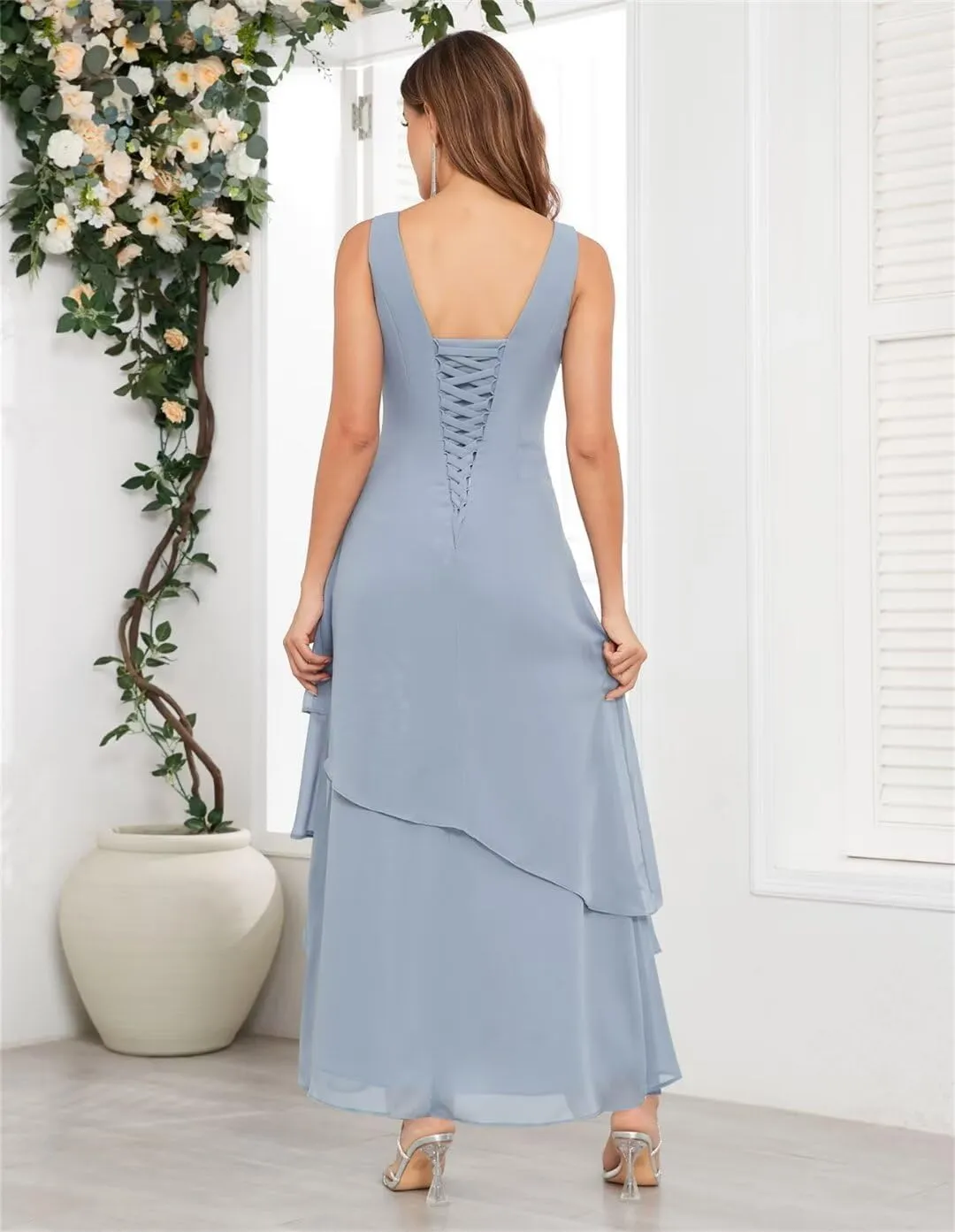 2 Piece Mother of The Bride Dresses for Wedding with Jacket Long Chiffon Formal Evening Gown