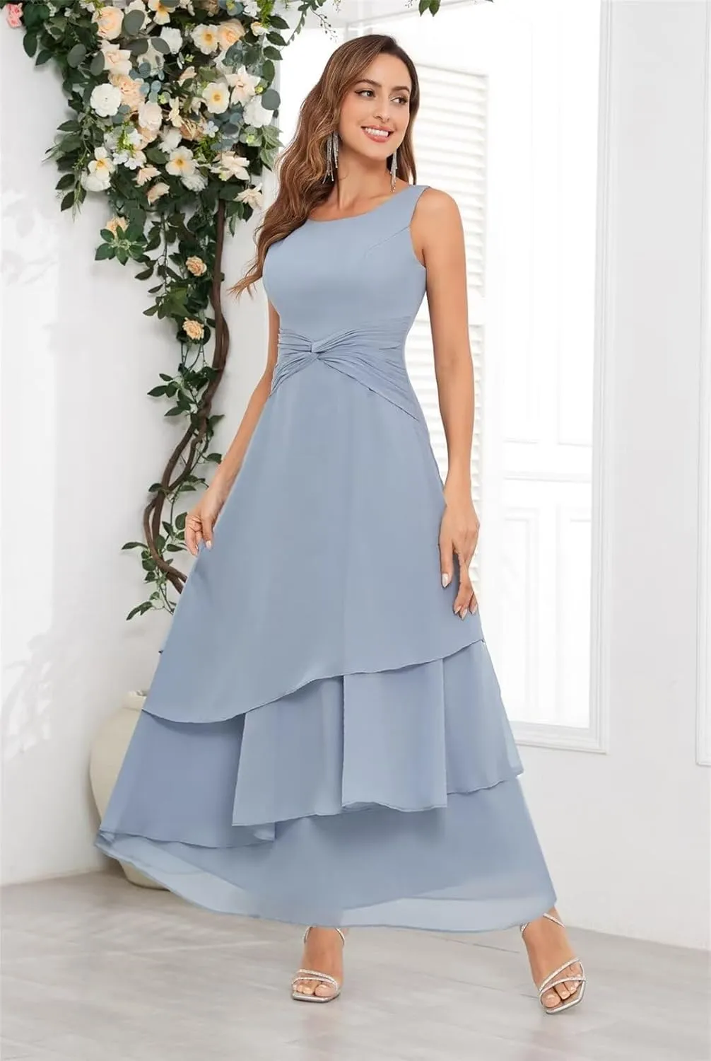 2 Piece Mother of The Bride Dresses for Wedding with Jacket Long Chiffon Formal Evening Gown