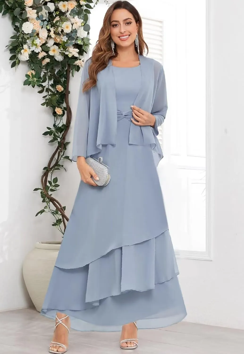 2 Piece Mother of The Bride Dresses for Wedding with Jacket Long Chiffon Formal Evening Gown