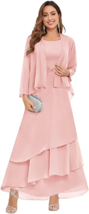 2 Piece Mother of The Bride Dresses for Wedding with Jacket Long Chiffon Formal Evening Gown