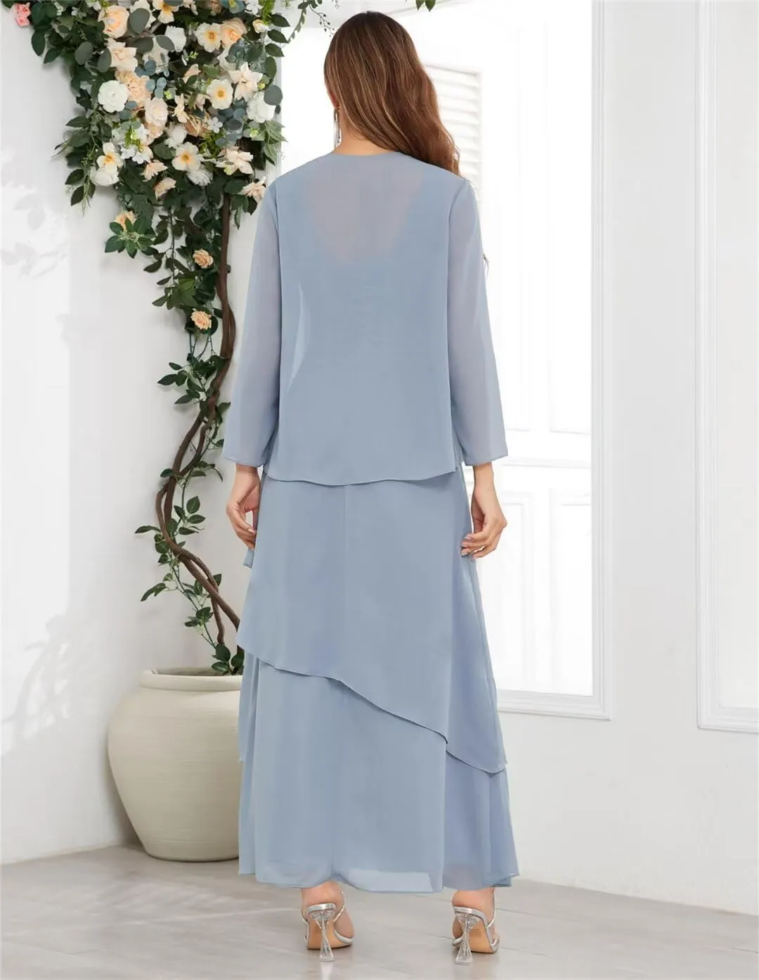 2 Piece Mother of The Bride Dresses for Wedding with Jacket Long Chiffon Formal Evening Gown