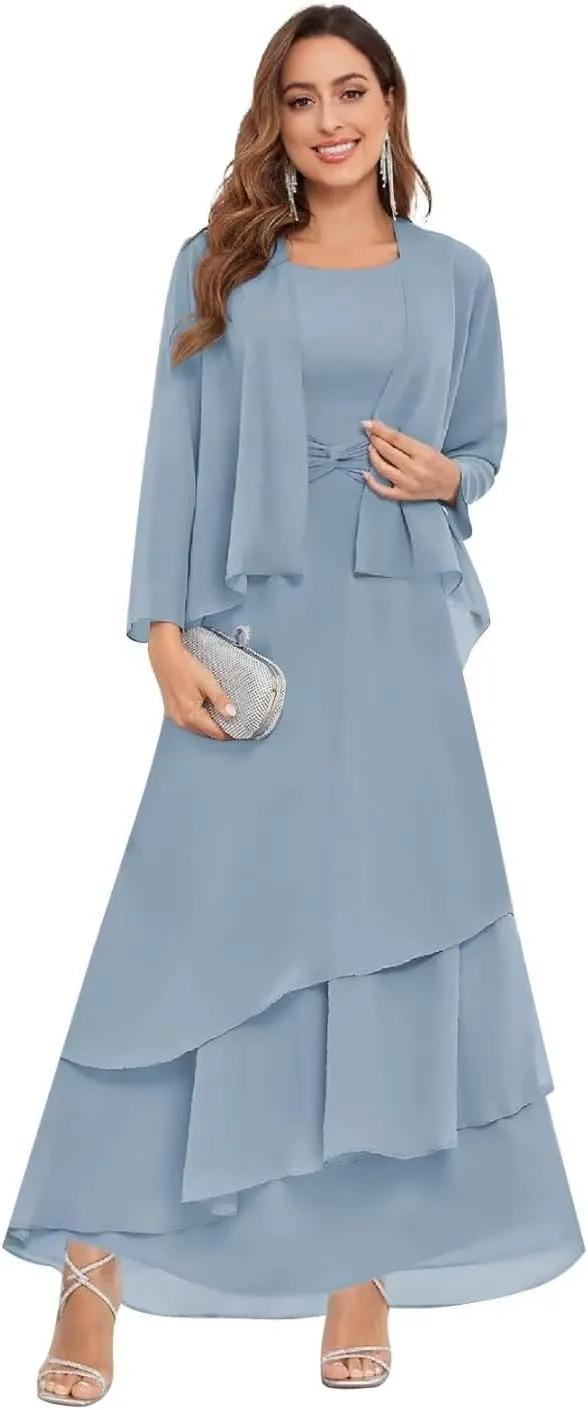 2 Piece Mother of The Bride Dresses for Wedding with Jacket Long Chiffon Formal Evening Gown