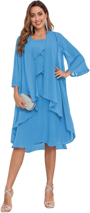 2 Piece Mother of The Bride Dresses with Jacket Tiered 3/4 Sleeve Knee Length Chiffon Beaded Formal Dress