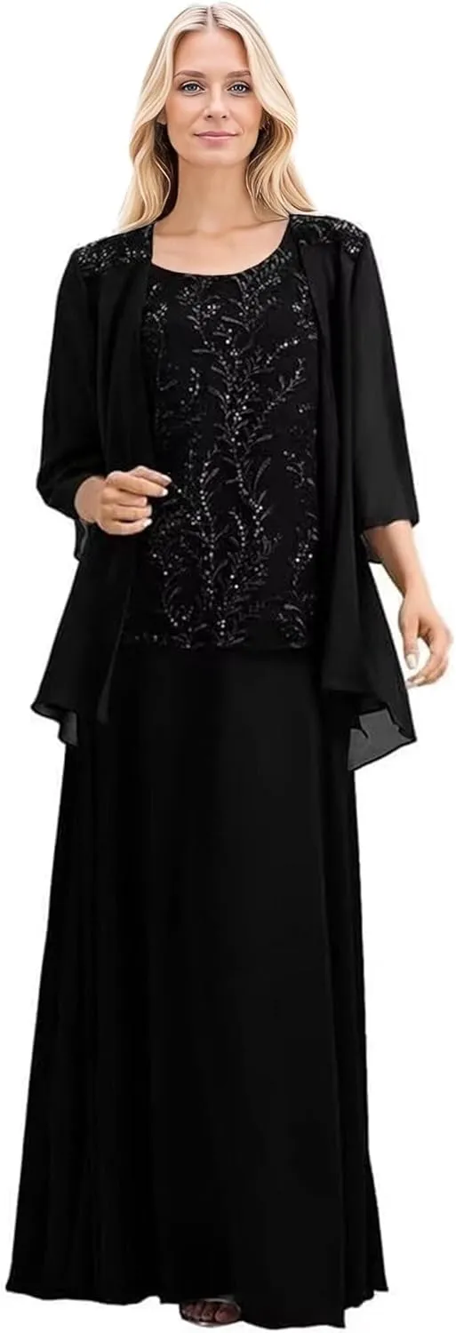 2 Pieces Mother of The Bride Dresses for Wedding 3/4 Long Sleeves Chiffon Formal Dress for Women 2025