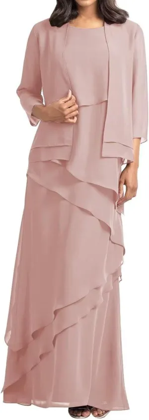 2 Pieces Mother of The Bride Dresses with Jacket Long Sleeve Chiffon Mother of Groom Dress for Women Wedding