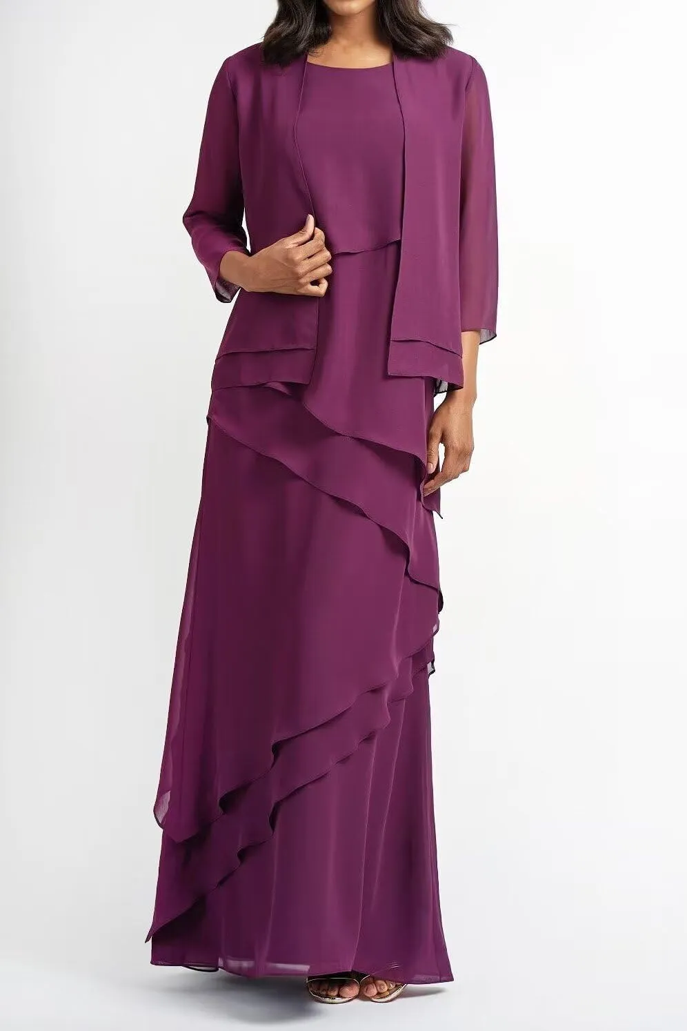 2 Pieces Mother of The Bride Dresses with Jacket Long Sleeve Chiffon Mother of Groom Dress for Women Wedding