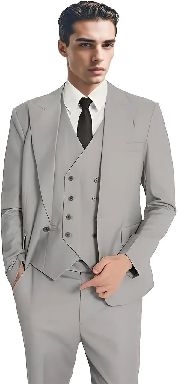 3 Piece Slim Fit Classic Double Breasted Formal Suit for Men - Wedding Prom Blazer, Pants, and Vest