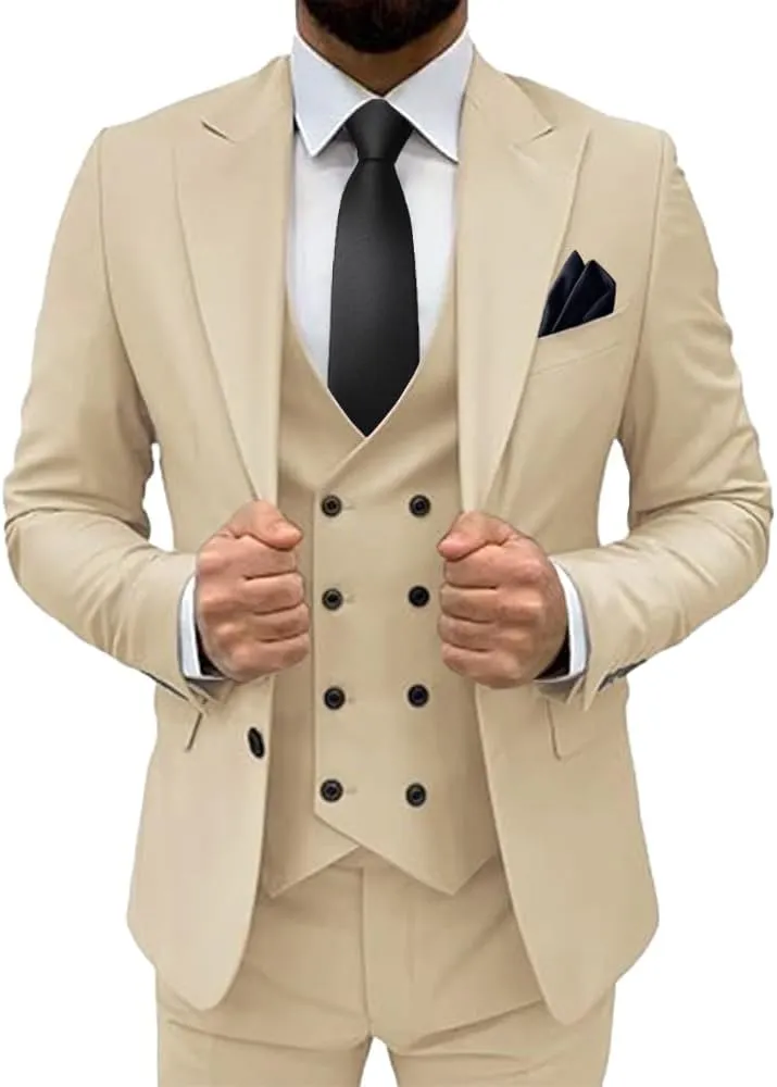 3 Piece Slim Fit Classic Double Breasted Formal Suit for Men - Wedding Prom Blazer, Pants, and Vest