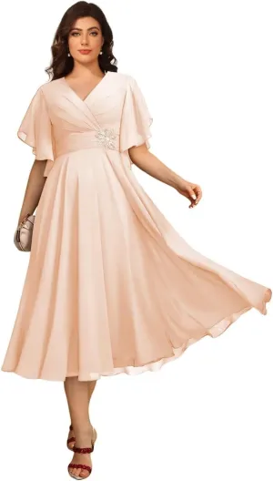A-line Mother of The Bride Dresses for Women V Neck Ruffles Beaded Tea Length Wedding Guest Dress EEM167