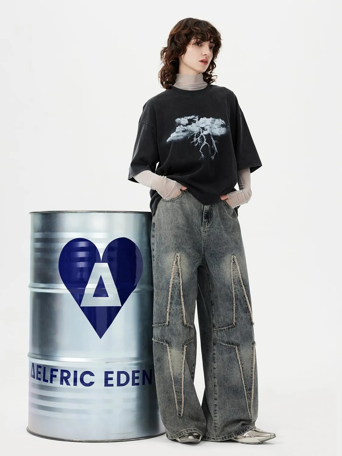Aelfric Eden Mens Graphic Tees Y2k Lightning Print Washed Oversized T Shirts Vintage Streetwear Shirt Casual Tops