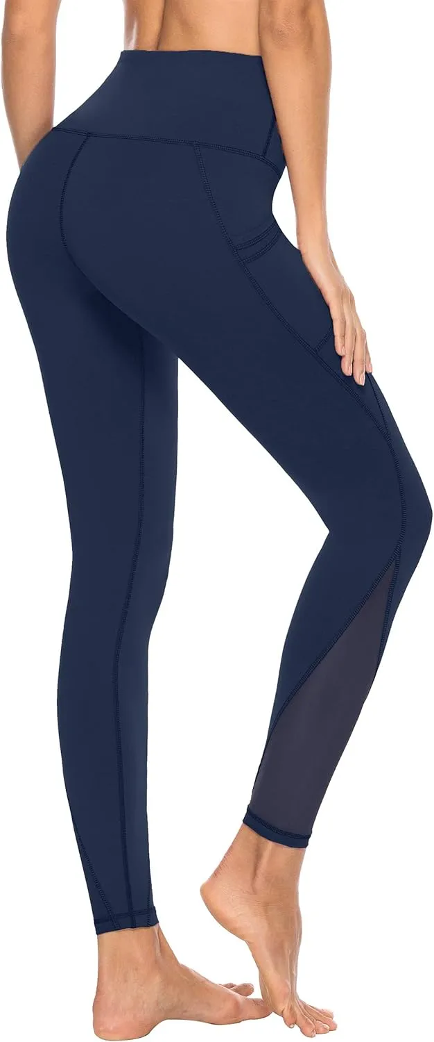 AFITNE Womens High Waist Mesh Yoga Leggings with Side Pockets, Tummy Control Workout Squat-Proof Yoga Pants