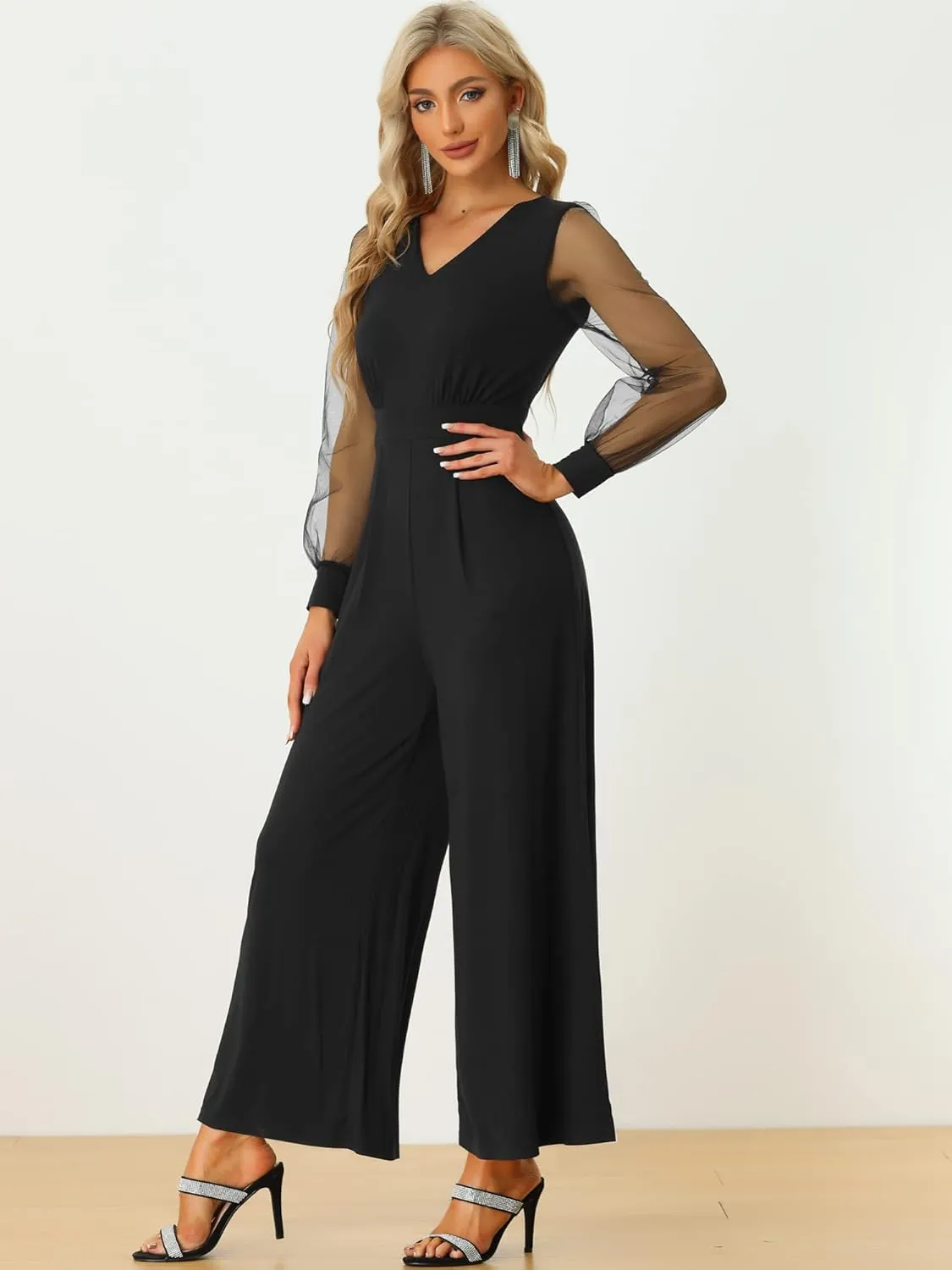 Allegra K Women's Elegant V Neck Mesh Long Sleeve Loose Wide Leg Romper Party Jumpsuits