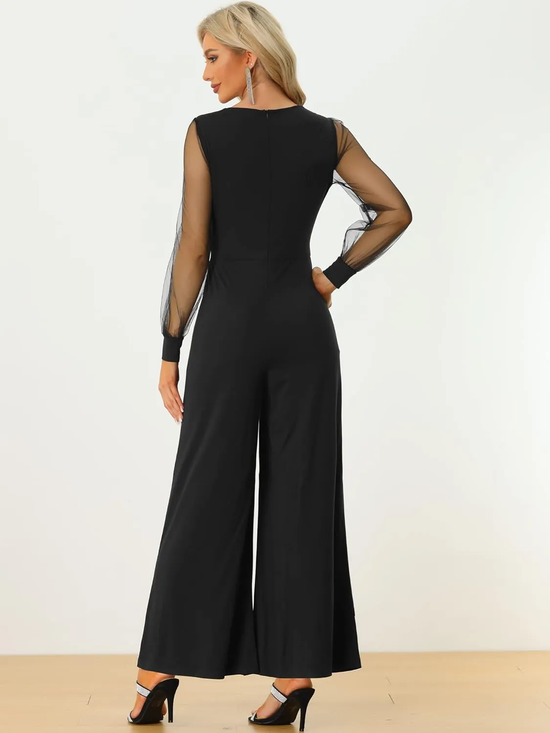 Allegra K Women's Elegant V Neck Mesh Long Sleeve Loose Wide Leg Romper Party Jumpsuits