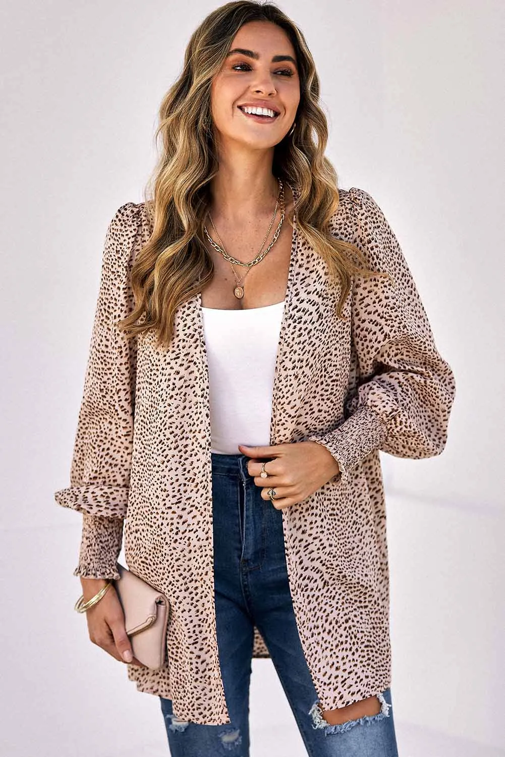 Animal Print Shirred Cuff Lantern Sleeve Cardigan