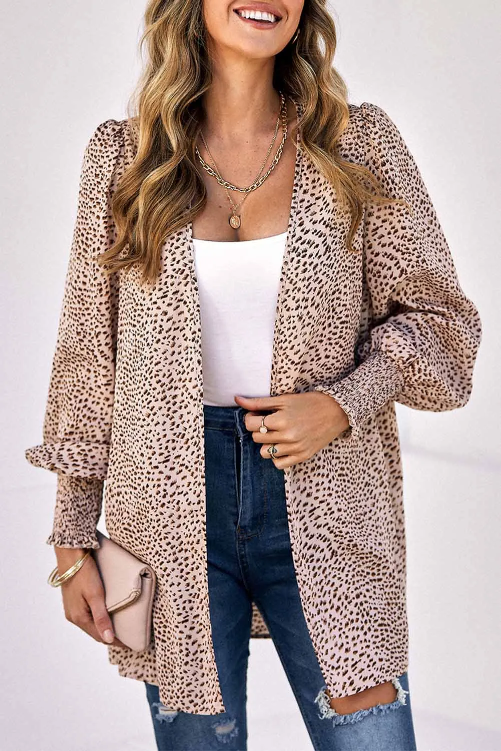 Animal Print Shirred Cuff Lantern Sleeve Cardigan