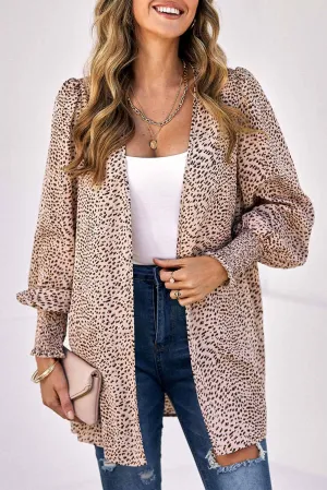 Animal Print Shirred Cuff Lantern Sleeve Cardigan