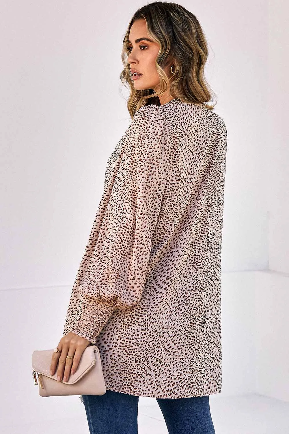 Animal Print Shirred Cuff Lantern Sleeve Cardigan