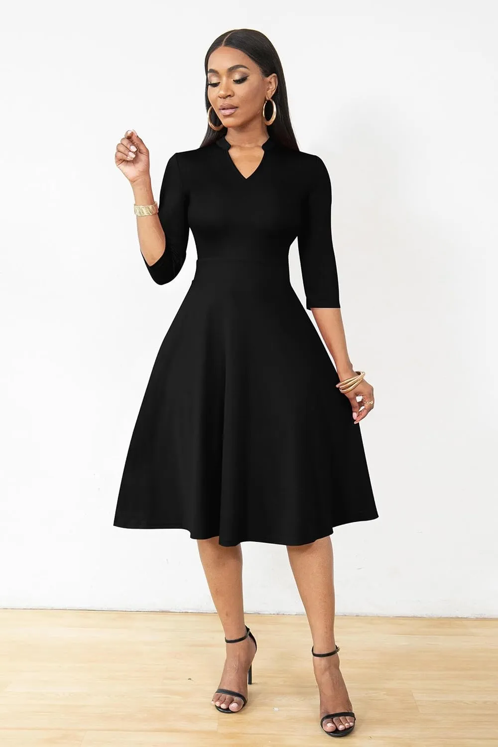 AOMONI Church Dresses for Women 3/4 Sleeve Fit and Flare Church Dress Knee Length Midi Dresses