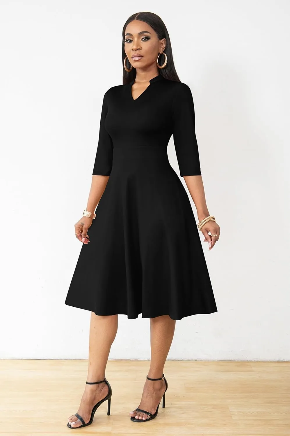 AOMONI Church Dresses for Women 3/4 Sleeve Fit and Flare Church Dress Knee Length Midi Dresses