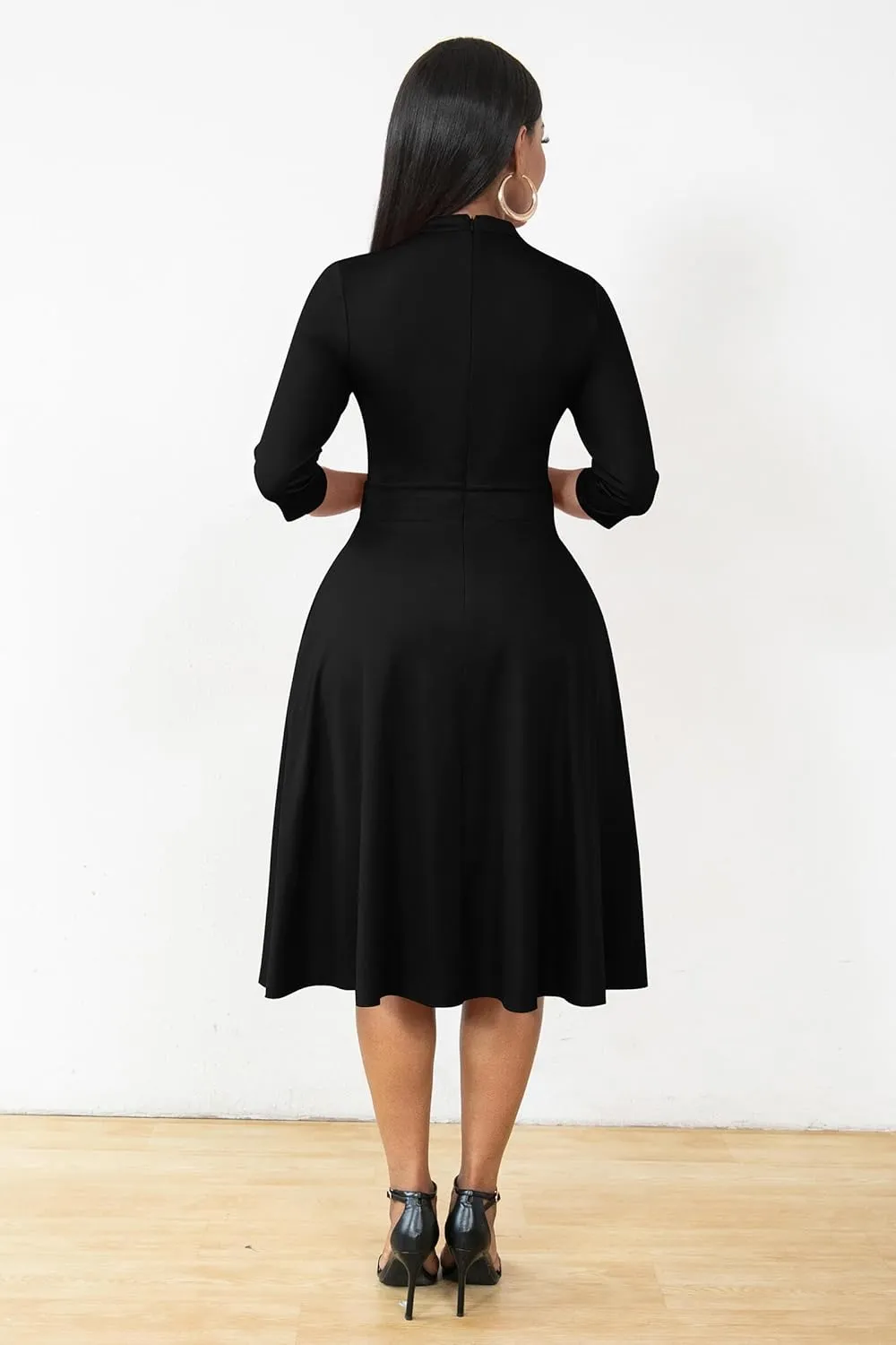 AOMONI Church Dresses for Women 3/4 Sleeve Fit and Flare Church Dress Knee Length Midi Dresses
