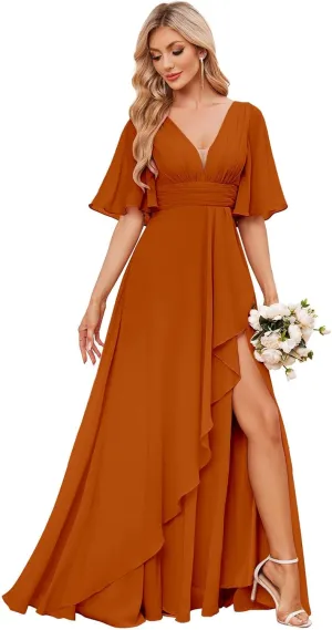 AUMEELAM Women's Flutter Sleeve Bridesmaid Dresses for Wedding Ruffled Chiffon Evening Formal Gowns with Slit