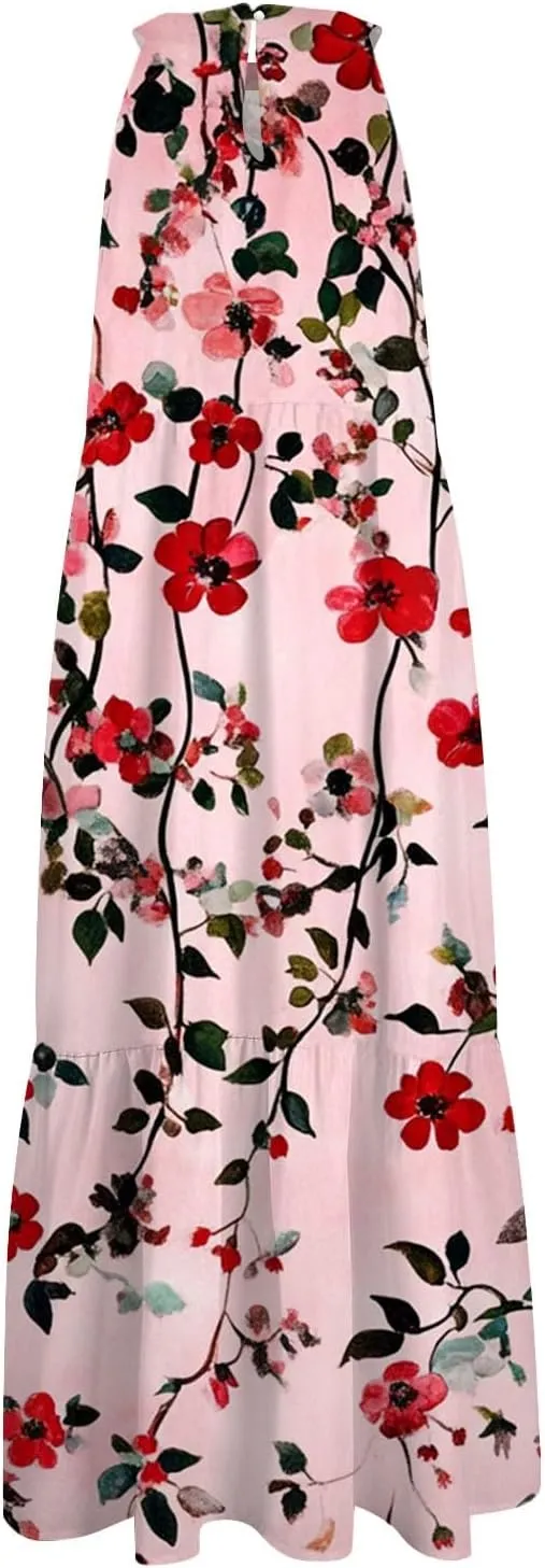 Azeralia Womens Spring Summer 2025 Sleeveless Casual Hanging Neck Beach Dresses Printed Loose Splicing Long Dress