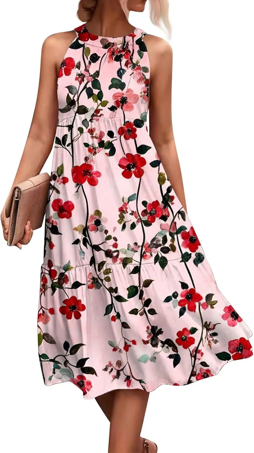 Azeralia Womens Spring Summer 2025 Sleeveless Casual Hanging Neck Beach Dresses Printed Loose Splicing Long Dress
