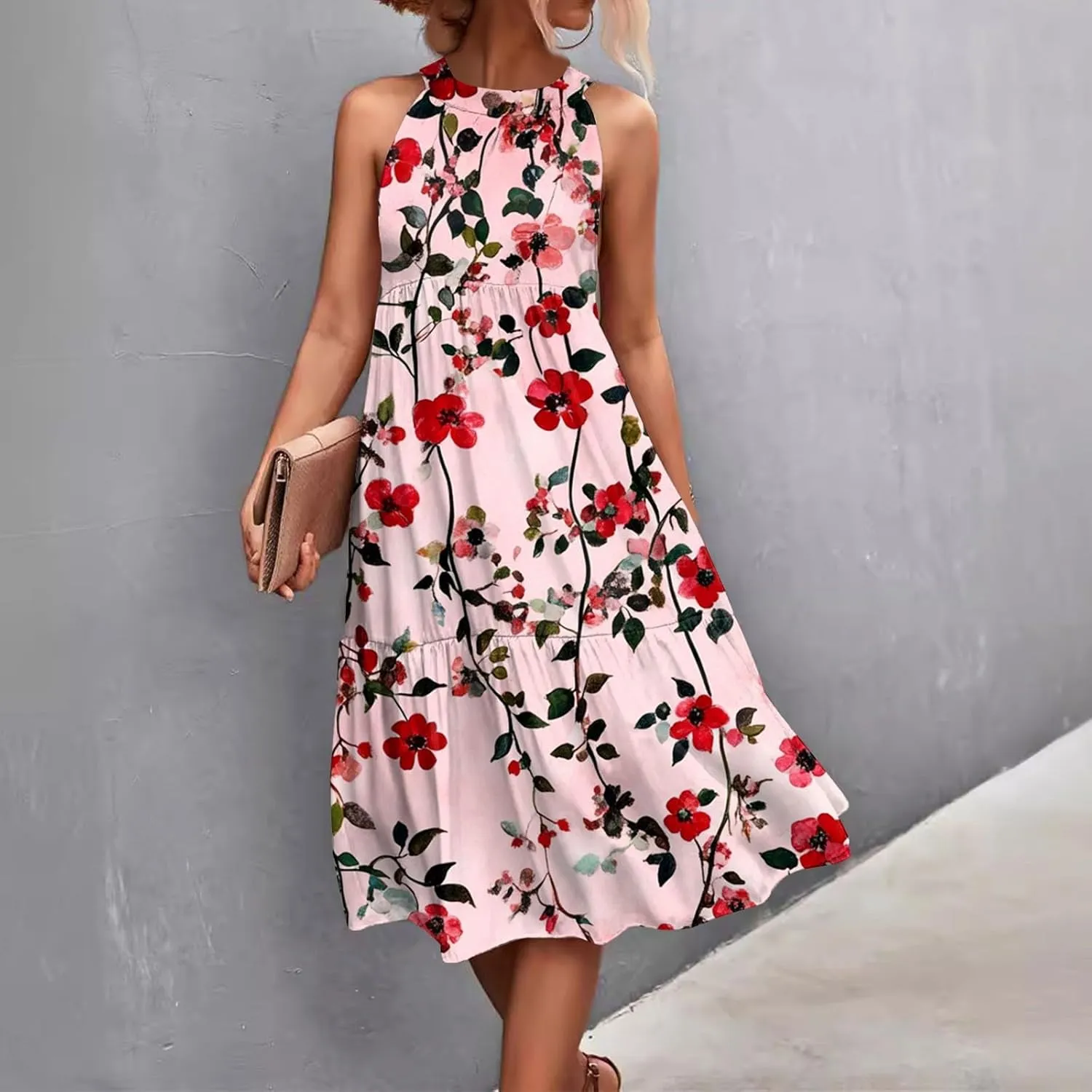 Azeralia Womens Spring Summer 2025 Sleeveless Casual Hanging Neck Beach Dresses Printed Loose Splicing Long Dress