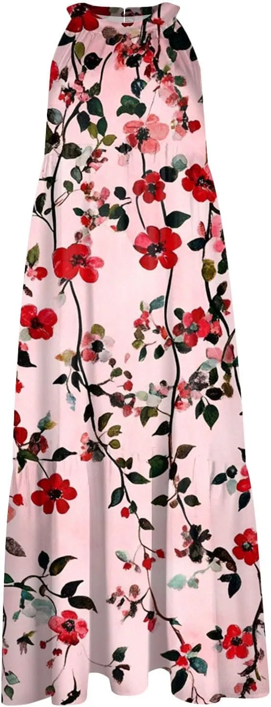 Azeralia Womens Spring Summer 2025 Sleeveless Casual Hanging Neck Beach Dresses Printed Loose Splicing Long Dress