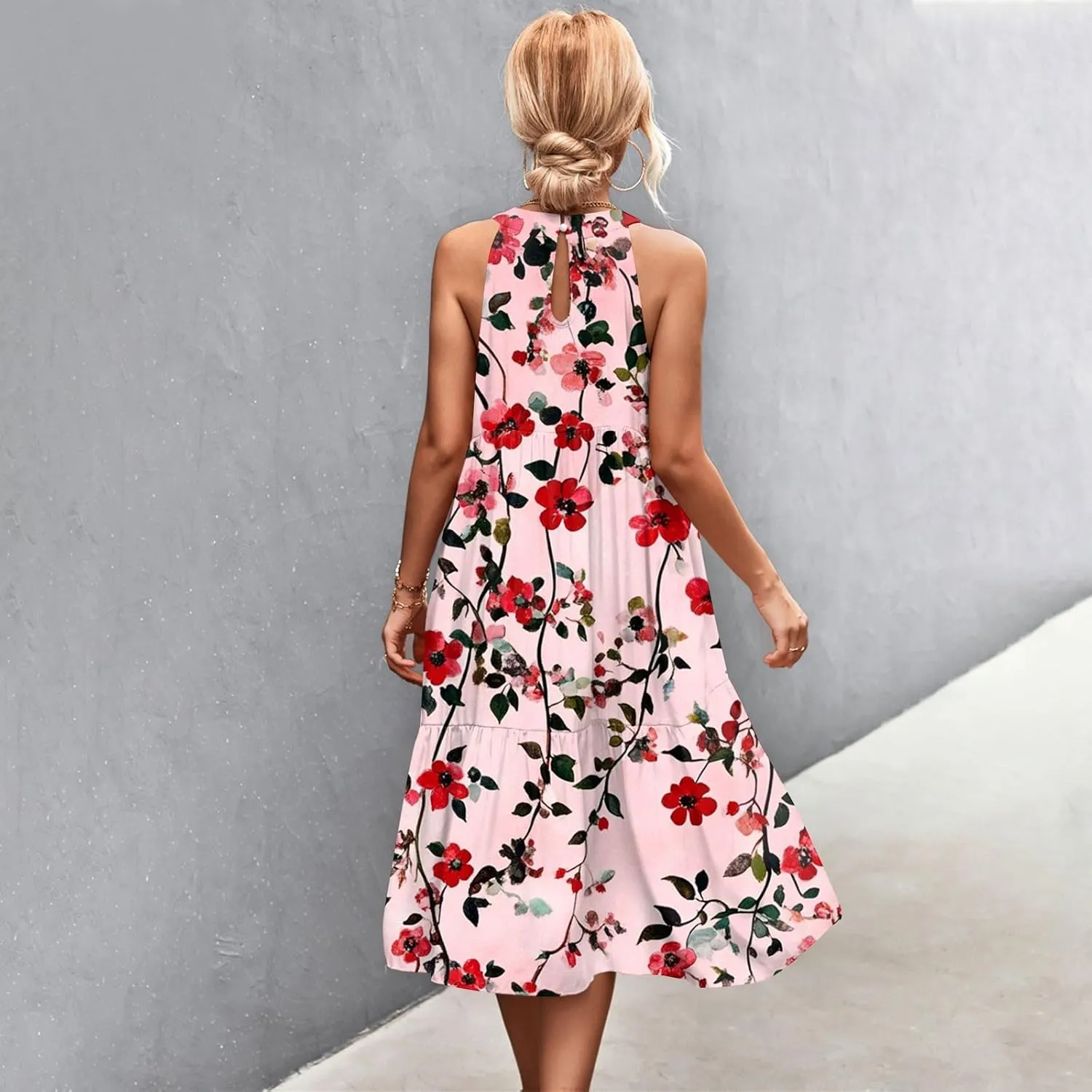 Azeralia Womens Spring Summer 2025 Sleeveless Casual Hanging Neck Beach Dresses Printed Loose Splicing Long Dress