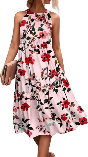 Azeralia Womens Spring Summer 2025 Sleeveless Casual Hanging Neck Beach Dresses Printed Loose Splicing Long Dress