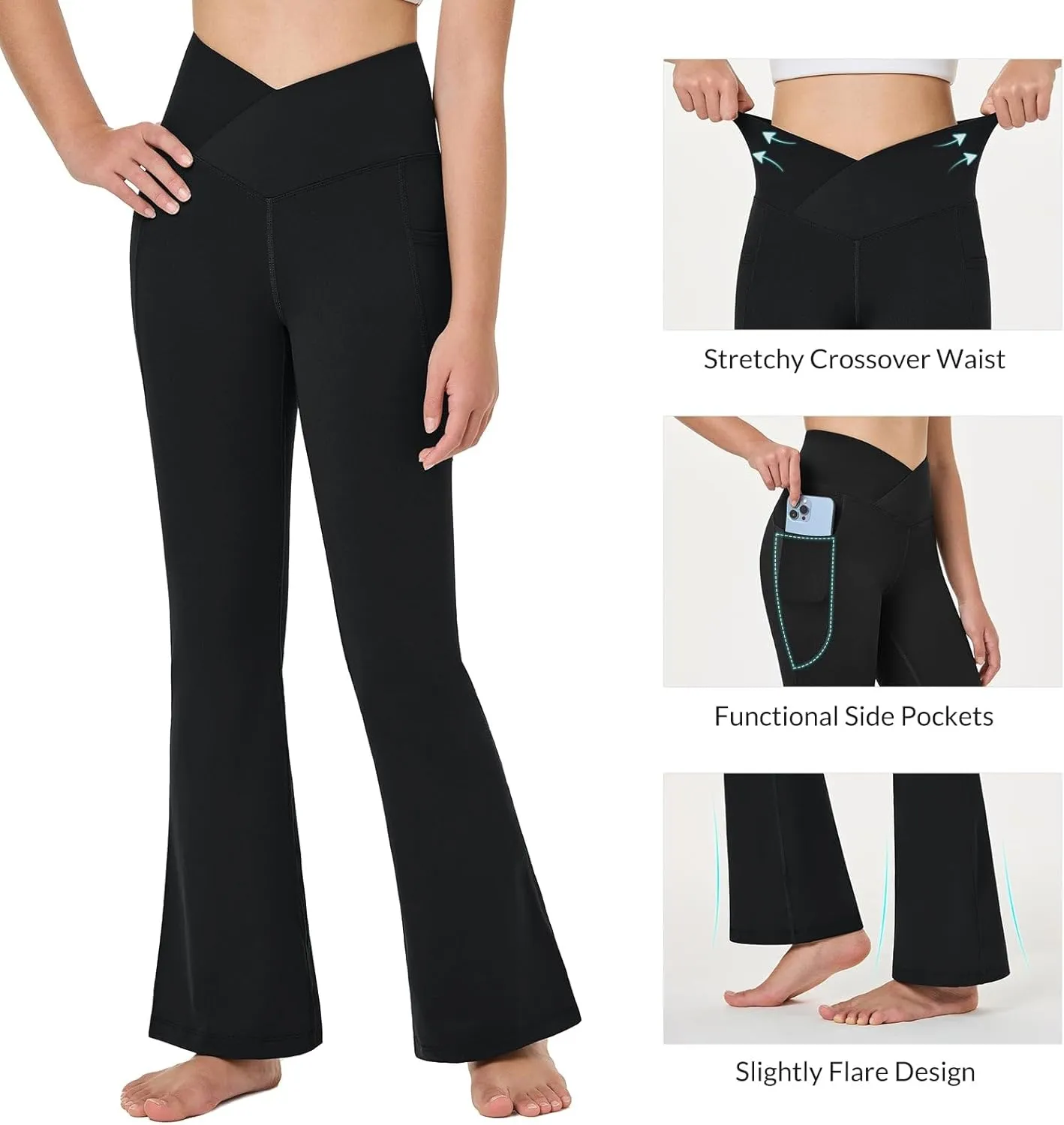 baleaf Girls' Flare Leggings Cross High Waisted Bootcut Yoga Dance Pants Kids Bell Bottoms Leggings with Pockets