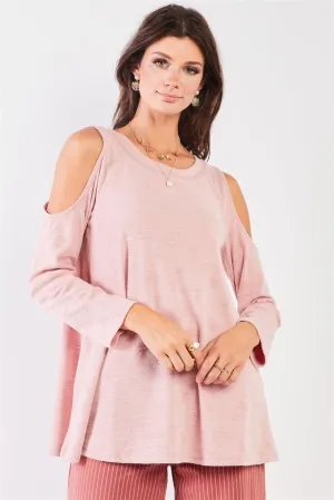 Blush Pink Star Pattern Embroidery Cold Shoulder Derail Long Sleeve Crew Neck Top /2-2-2