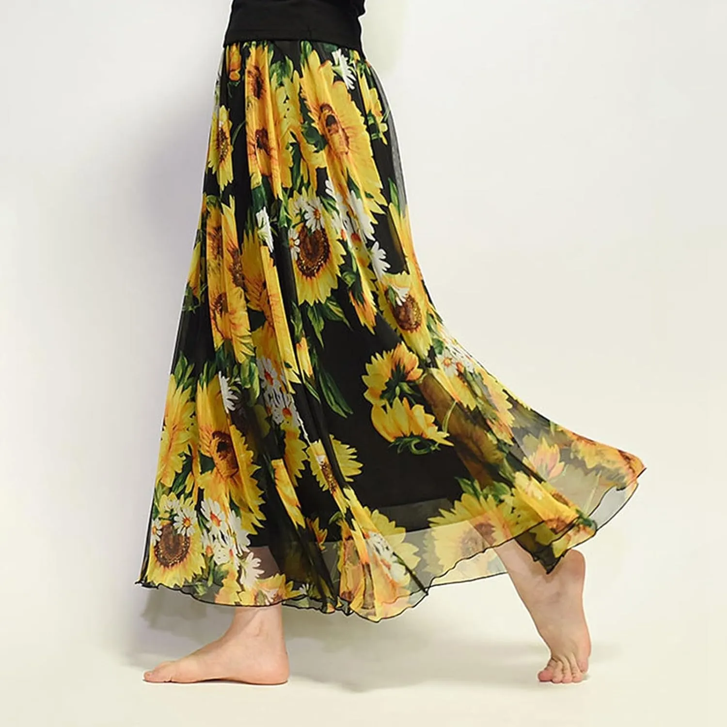 Boho Long Skirts for Women Summer Chiffon Floral Maxi Skirt Flowy High Waist A Line Pleated Skirts Cute Bohemian Beach Dress