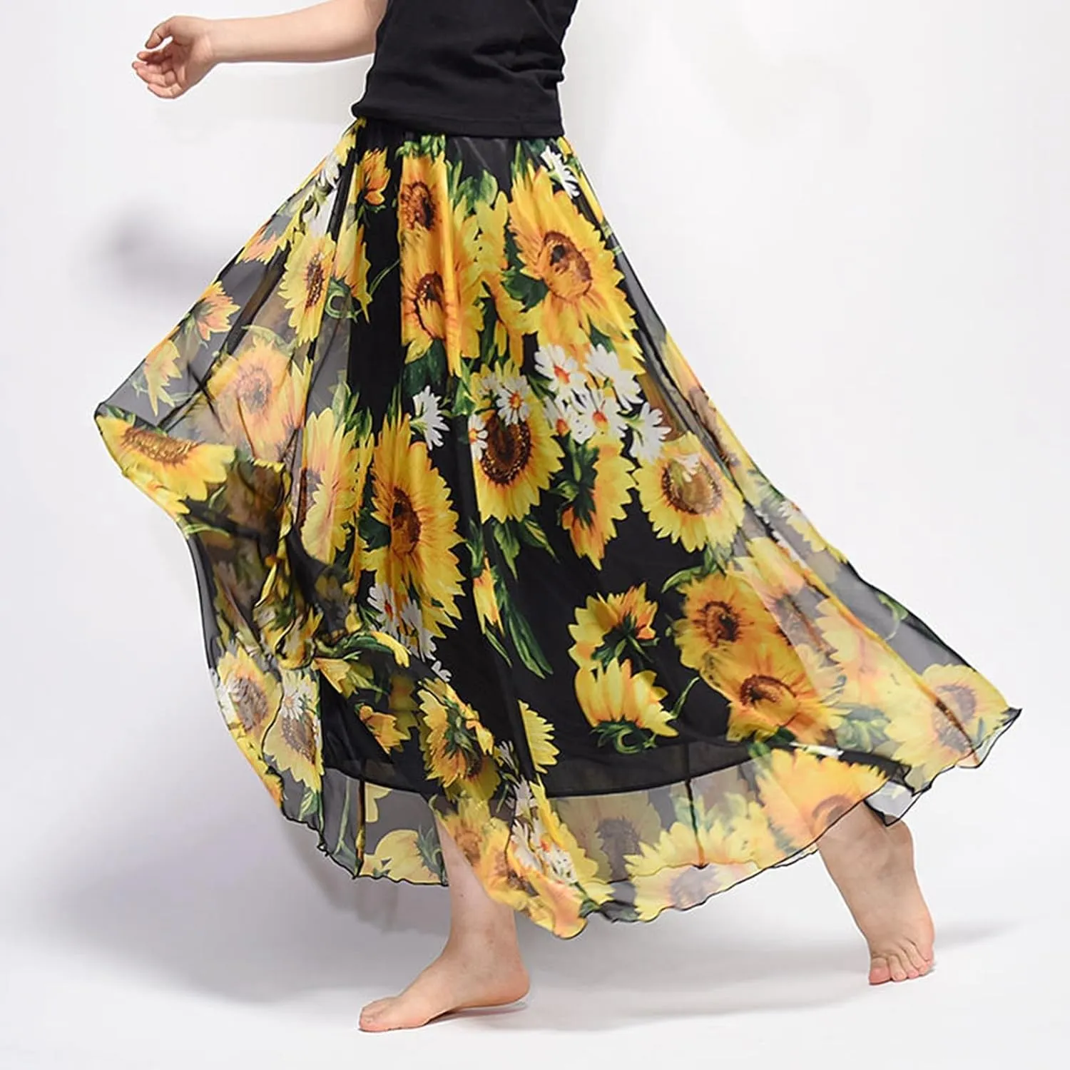 Boho Long Skirts for Women Summer Chiffon Floral Maxi Skirt Flowy High Waist A Line Pleated Skirts Cute Bohemian Beach Dress