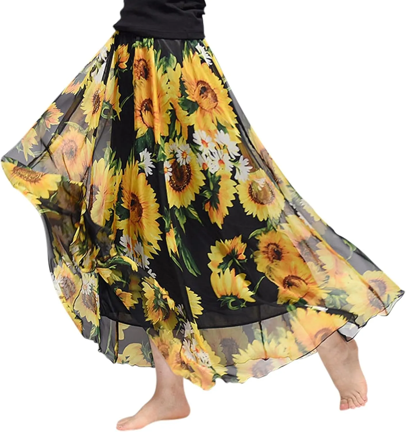 Boho Long Skirts for Women Summer Chiffon Floral Maxi Skirt Flowy High Waist A Line Pleated Skirts Cute Bohemian Beach Dress