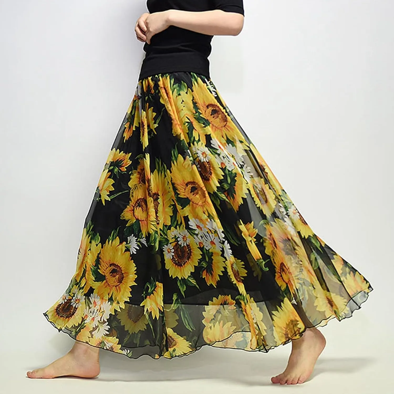 Boho Long Skirts for Women Summer Chiffon Floral Maxi Skirt Flowy High Waist A Line Pleated Skirts Cute Bohemian Beach Dress