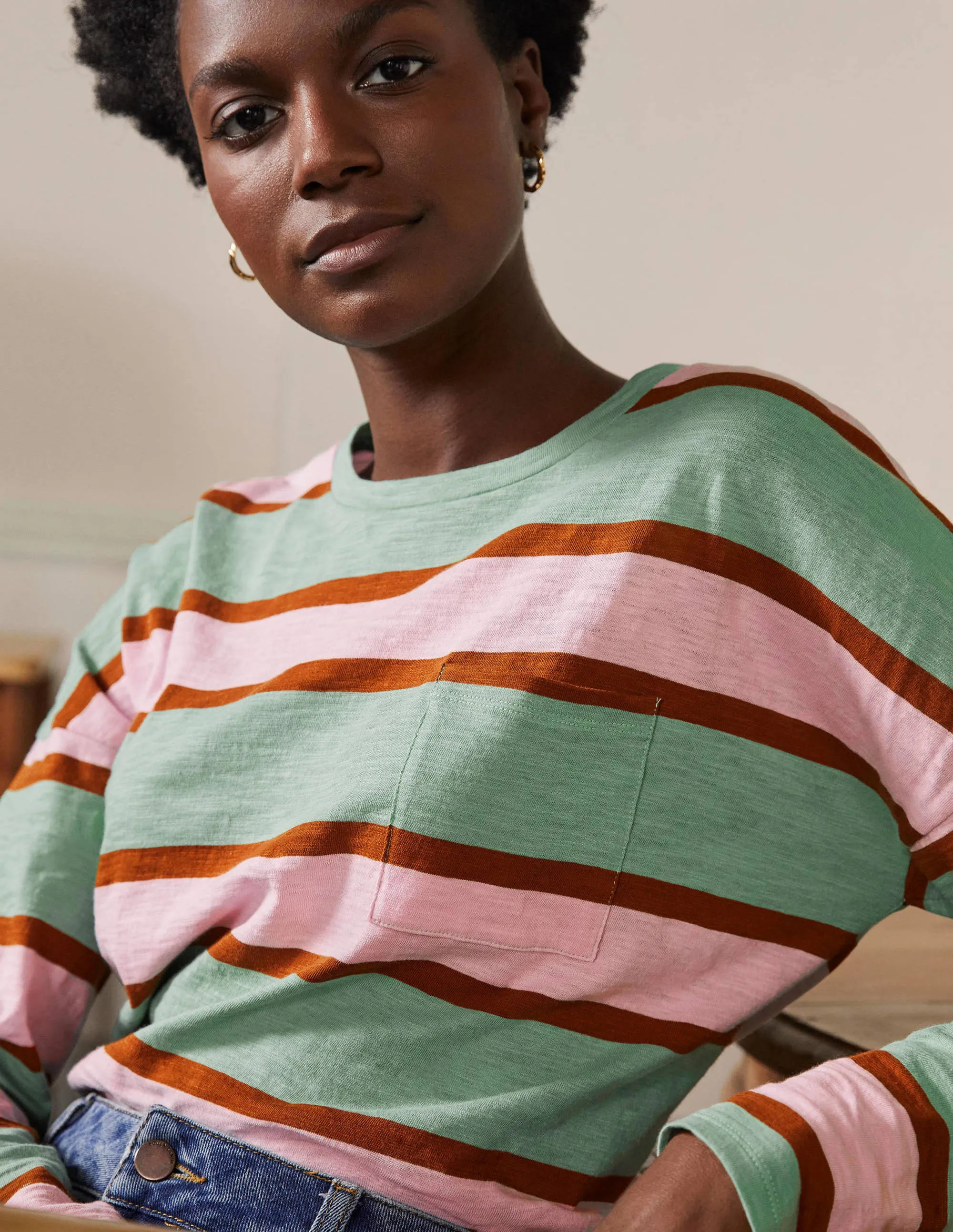 Boxy Jersey Tee-Duck Egg/ Coconut Stripe