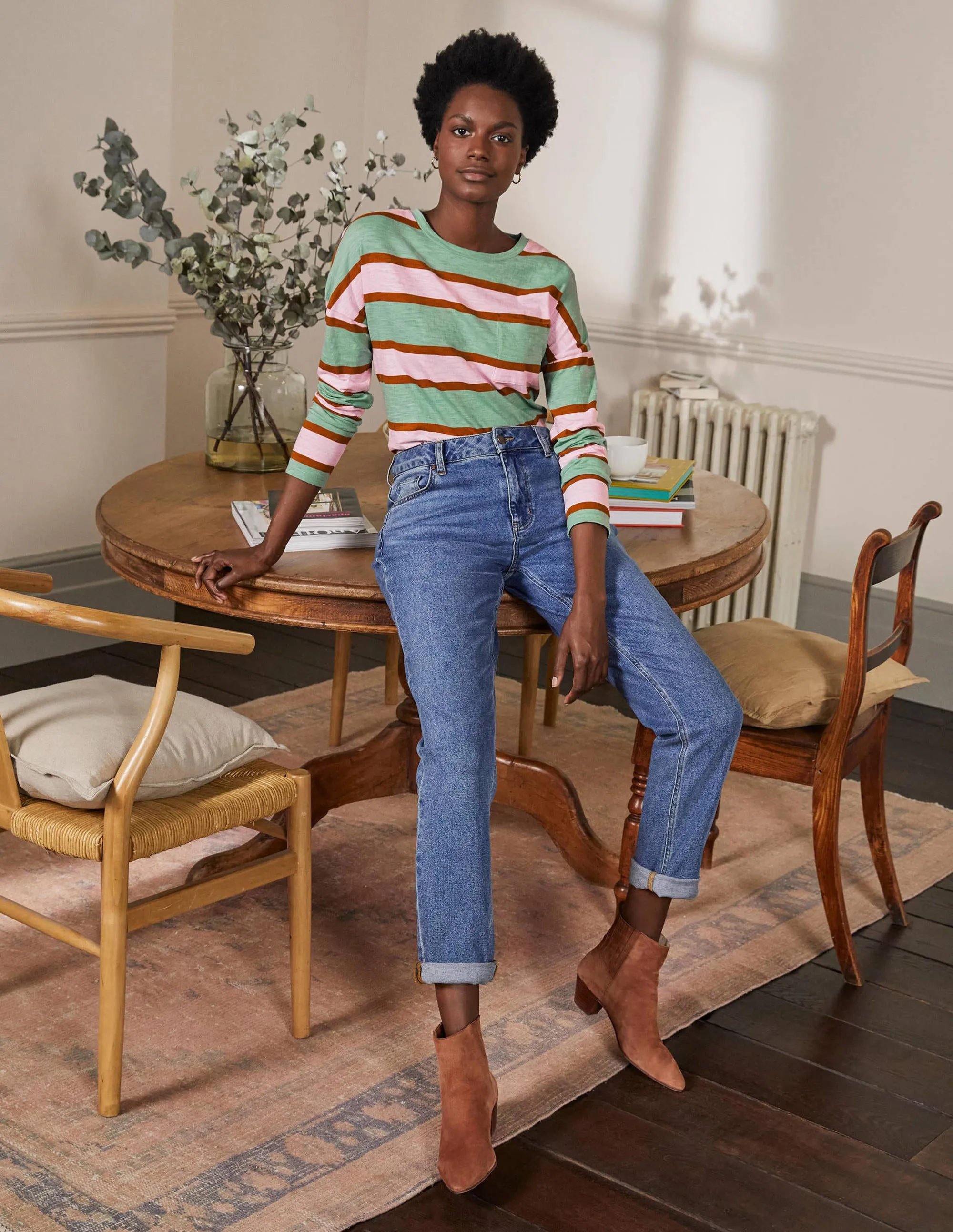 Boxy Jersey Tee-Duck Egg/ Coconut Stripe