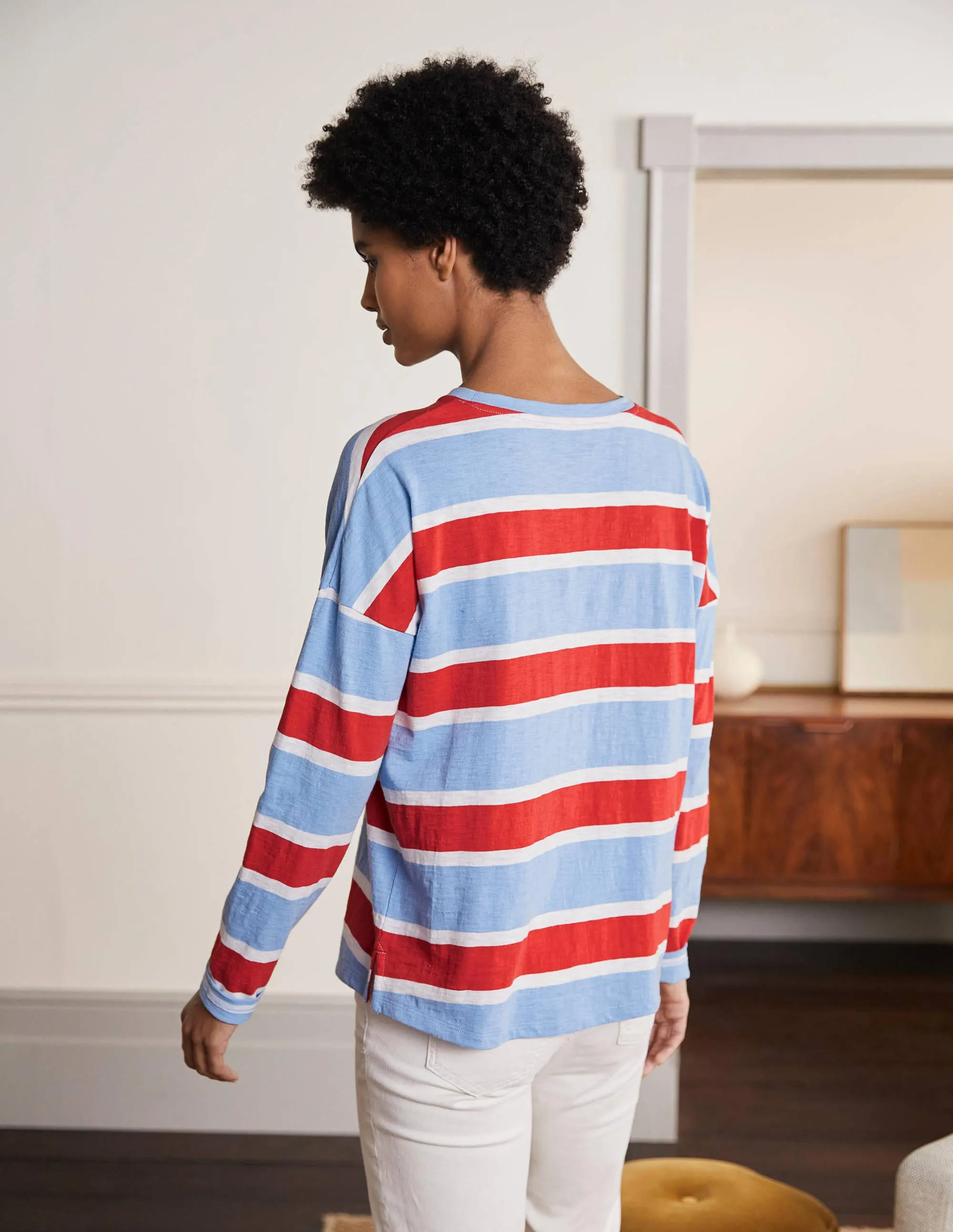 Boxy Jersey Tee-Frosted Blue/ Red Stripe