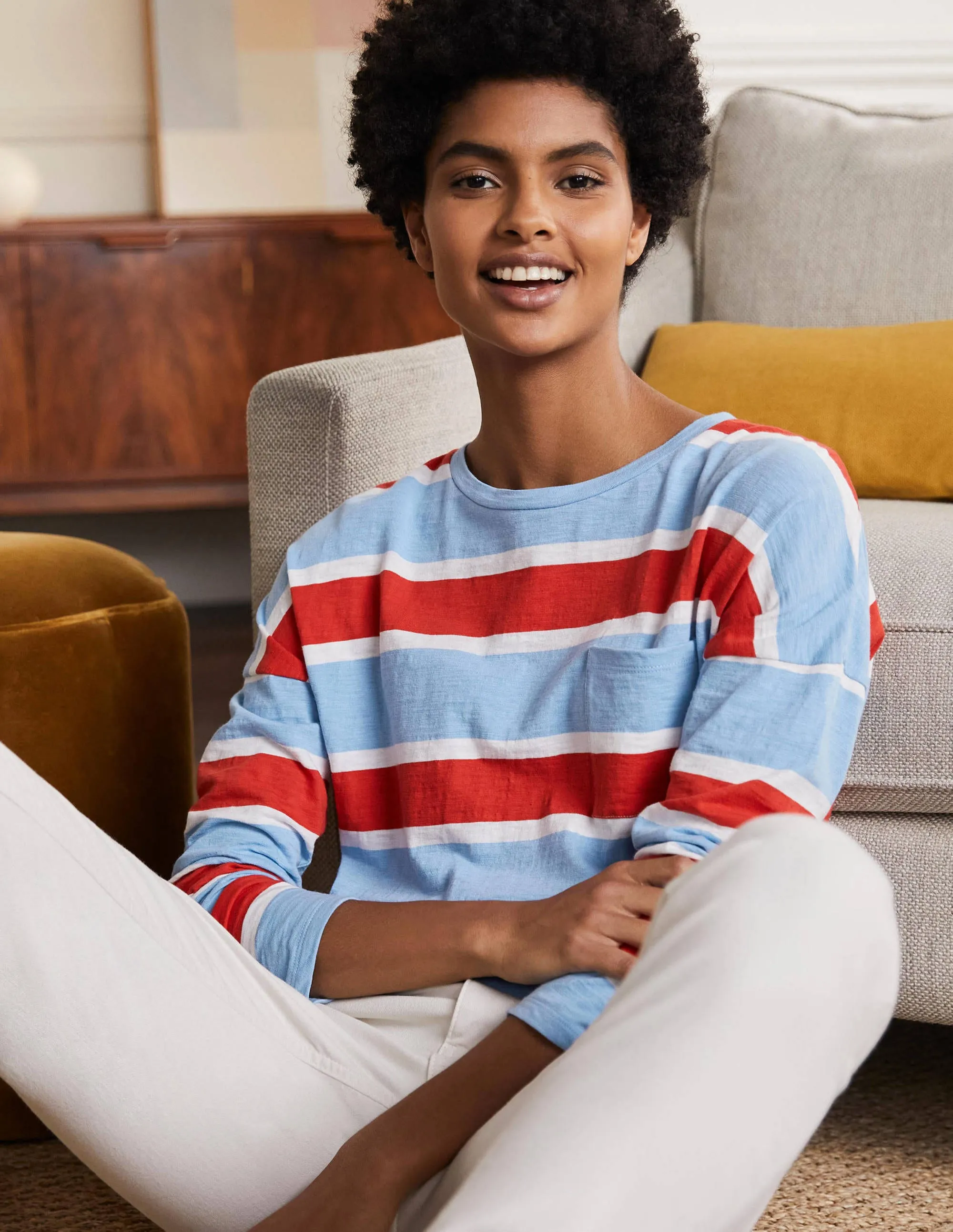 Boxy Jersey Tee-Frosted Blue/ Red Stripe