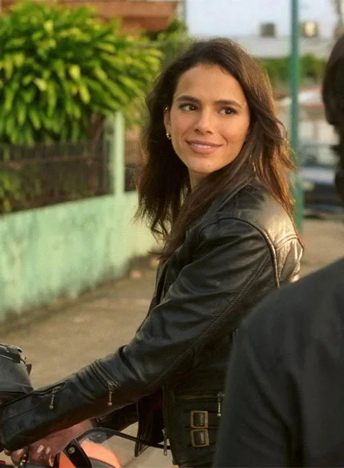 BRUNA MARQUEZINE BLUE BEETLE LEATHER JACKET