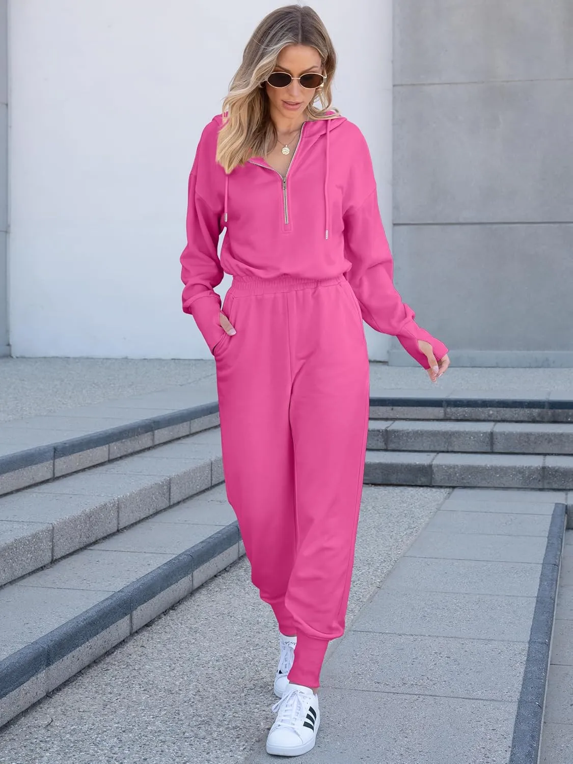 Caracilia Jumpsuits for Women Fall Casual Sweatsuits Long Sleeve Zip Sweatshirts Jogger Sweatpants One Piece Romper Outfits