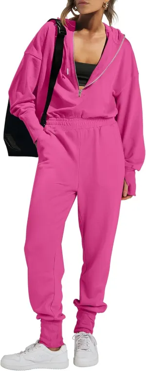 Caracilia Jumpsuits for Women Fall Casual Sweatsuits Long Sleeve Zip Sweatshirts Jogger Sweatpants One Piece Romper Outfits