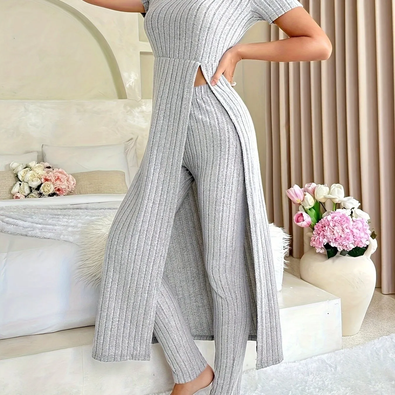 Casual Solid Two-piece Set, Split Crew Neck Maxi Length Top & Skinny Leggings Outfits, Women's Clothing