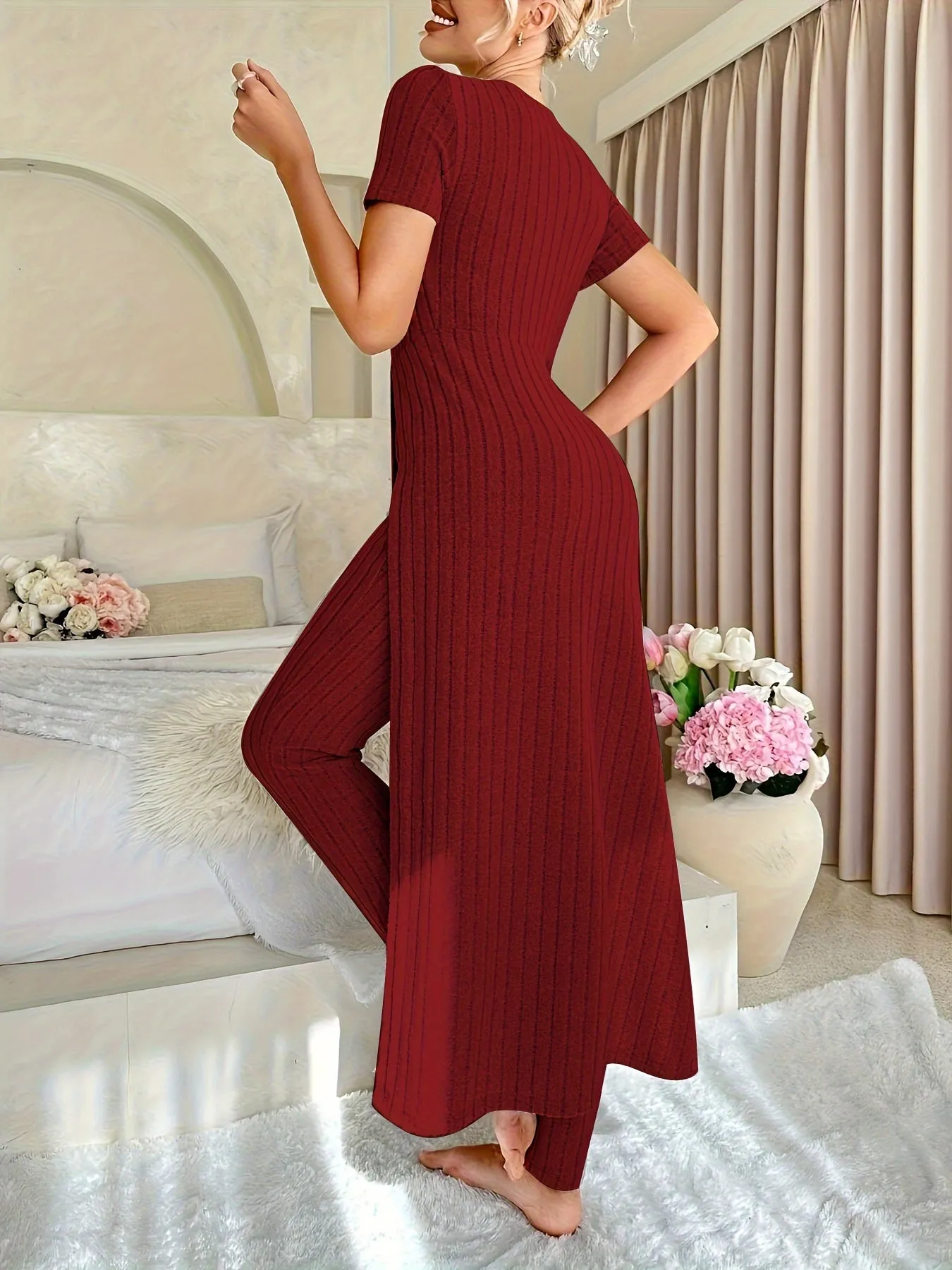 Casual Solid Two-piece Set, Split Crew Neck Maxi Length Top & Skinny Leggings Outfits, Women's Clothing