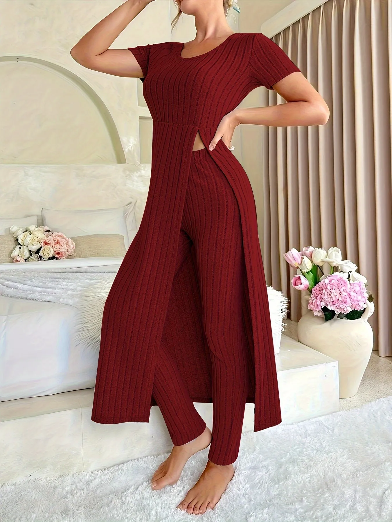 Casual Solid Two-piece Set, Split Crew Neck Maxi Length Top & Skinny Leggings Outfits, Women's Clothing