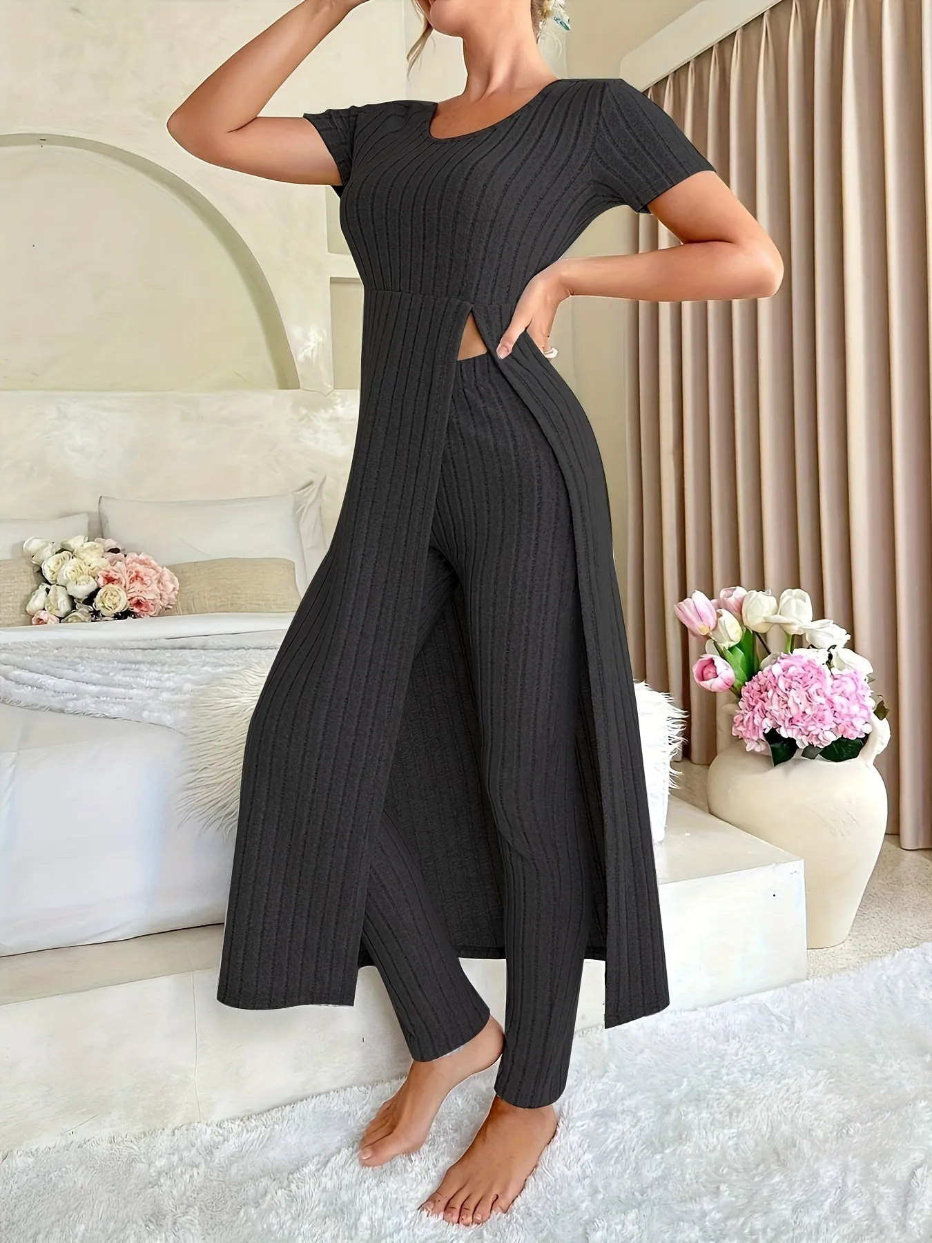 Casual Solid Two-piece Set, Split Crew Neck Maxi Length Top & Skinny Leggings Outfits, Women's Clothing