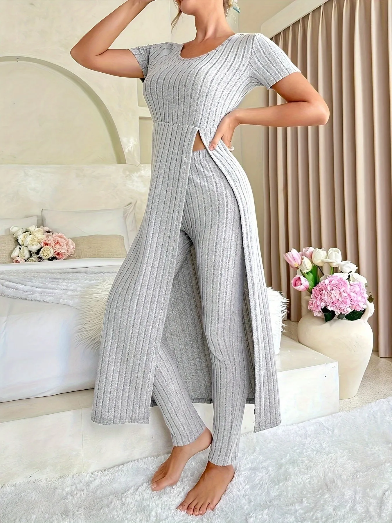 Casual Solid Two-piece Set, Split Crew Neck Maxi Length Top & Skinny Leggings Outfits, Women's Clothing