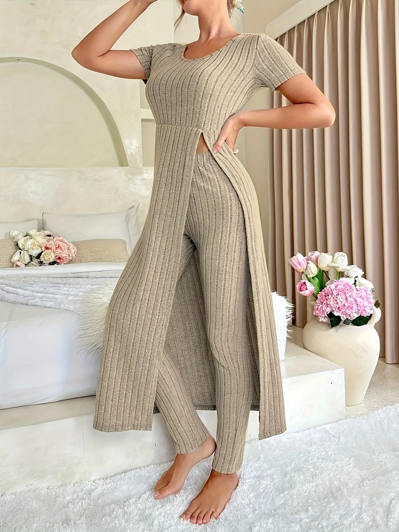 Casual Solid Two-piece Set, Split Crew Neck Maxi Length Top & Skinny Leggings Outfits, Women's Clothing